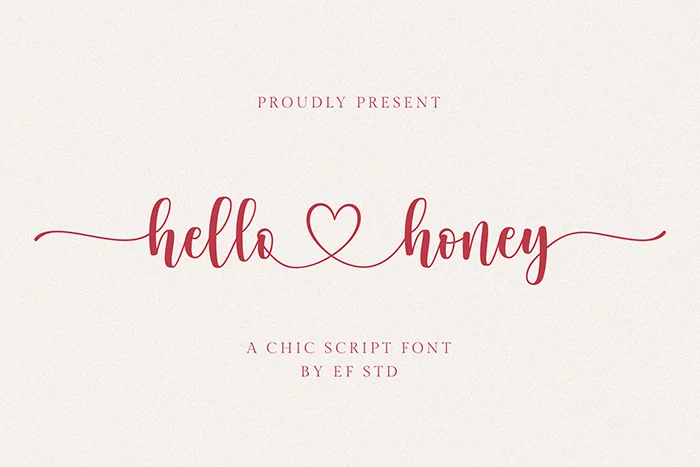 “hello honey” chic script font sample with heart flourish on a light background