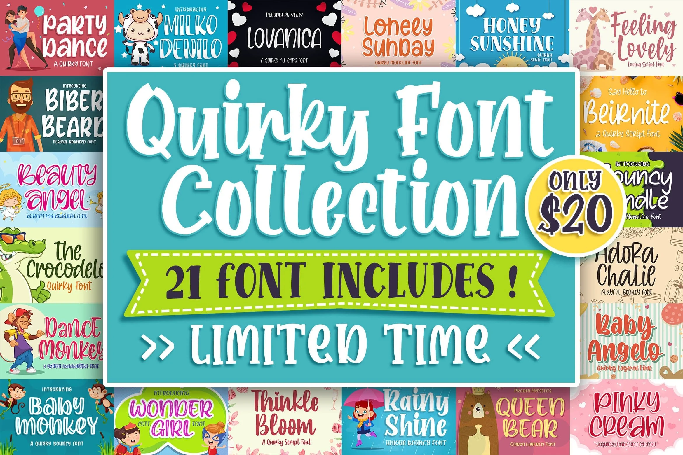 Quirky font collection collage featuring colorful Cricut-style fonts and lettering samples