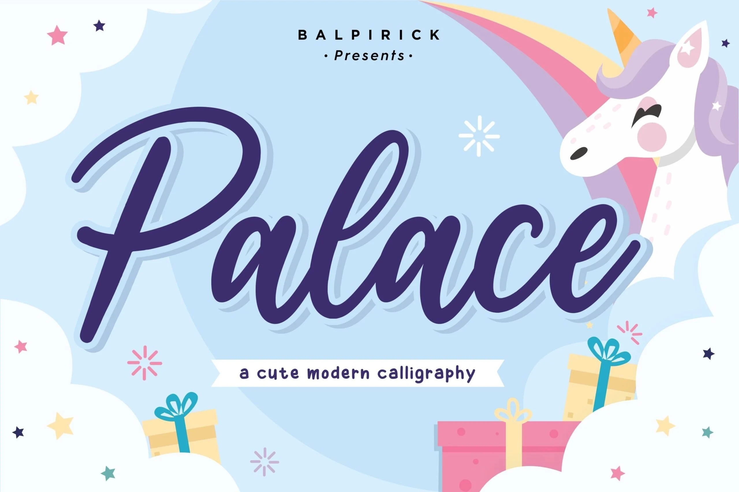 “Palace” modern calligraphy font sample with unicorn and gift illustrations