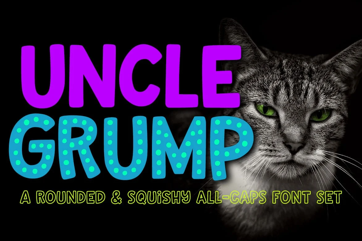 Uncle Grump rounded all-caps font preview with a gray cat on a black background