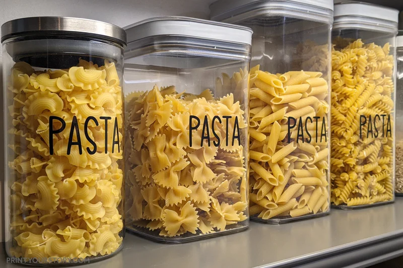 Clear pantry containers labeled “Pasta” with different pasta shapes inside