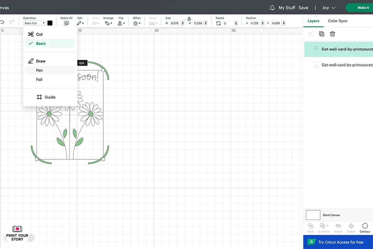 Cricut Design Space showing a get well soon card SVG with floral artwork and cut/draw settings