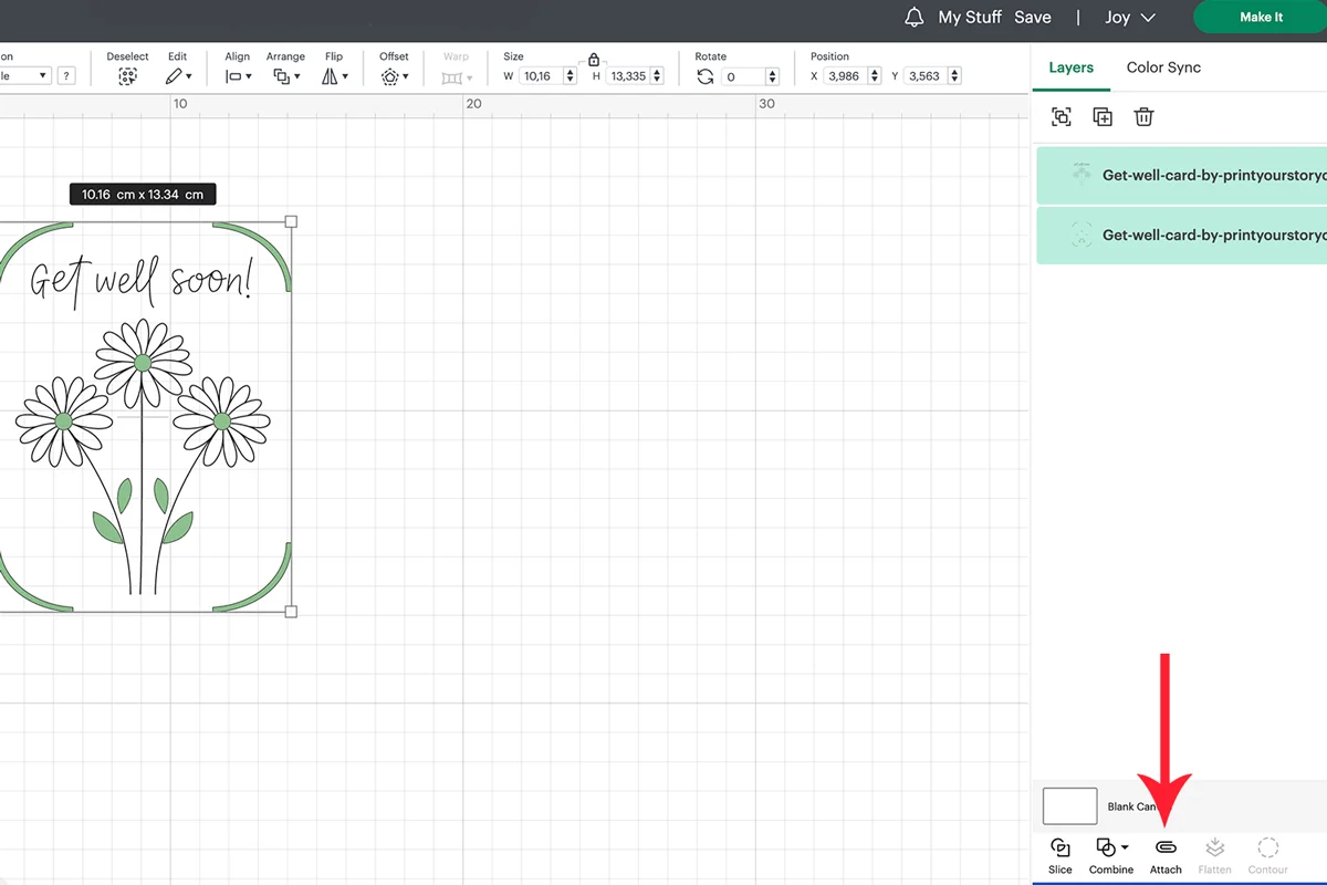 Get well soon card SVG design with flowers open in Cricut Design Space