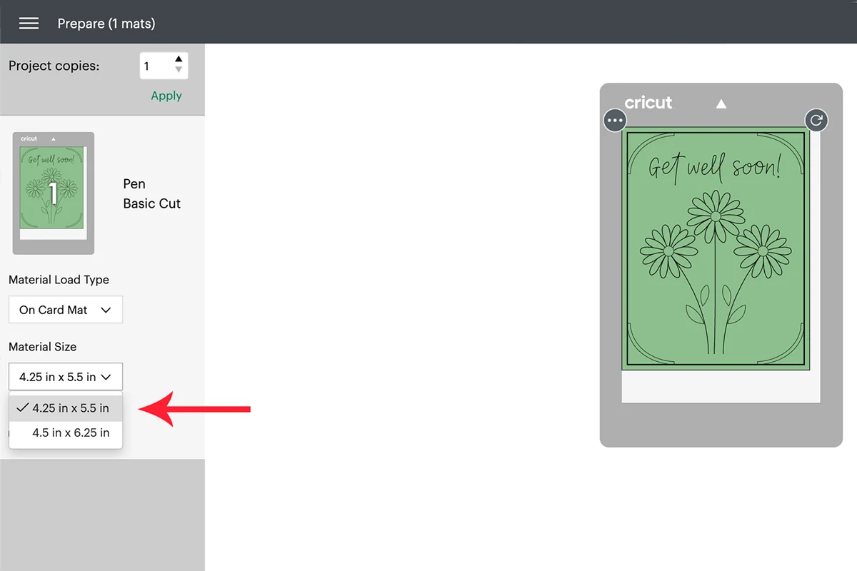 Cricut Design Space mat preview for a green Get Well Soon card SVG with flower drawing and size settings
