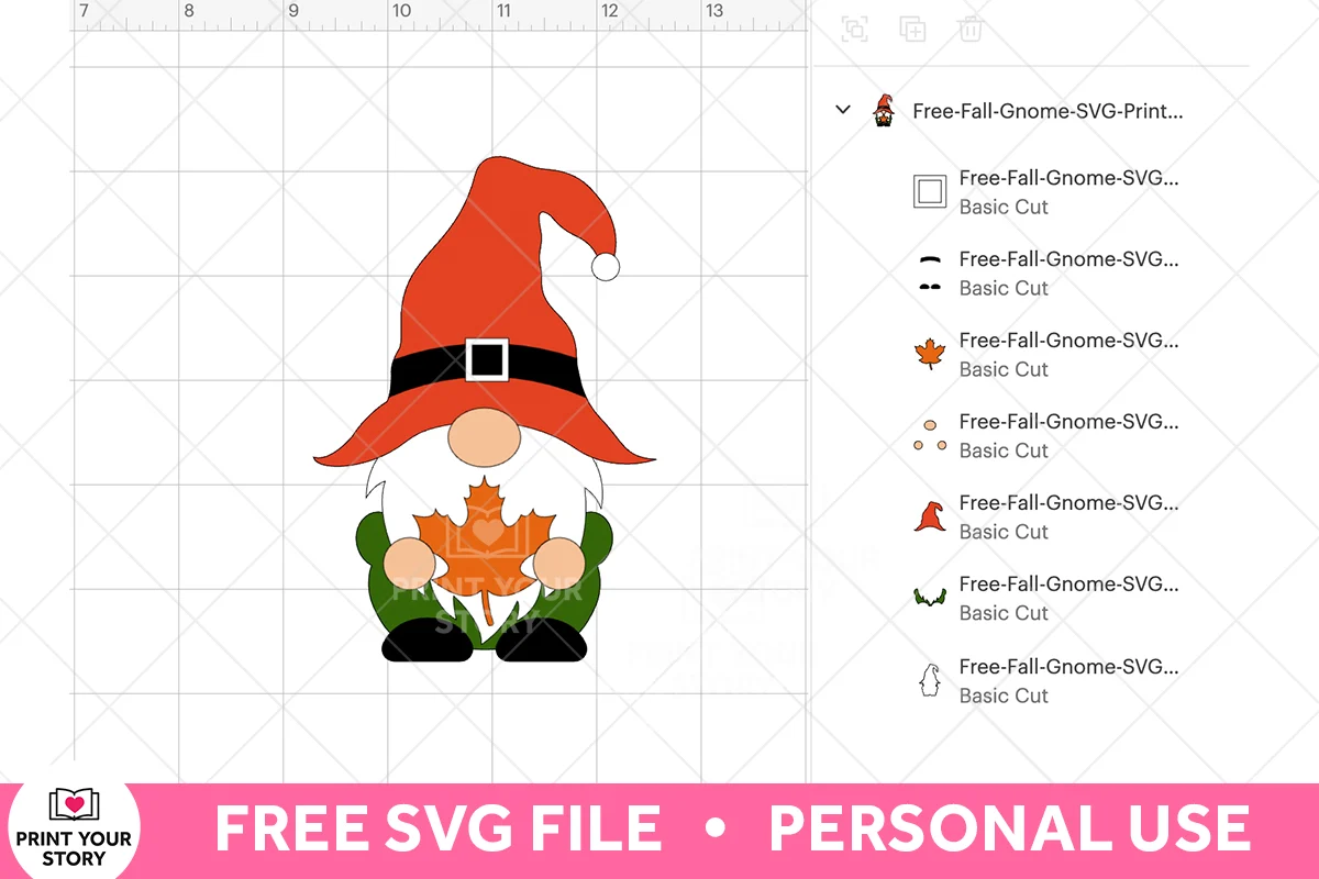 A free Fall Gnome SVG file shown in Cricut Design Space software