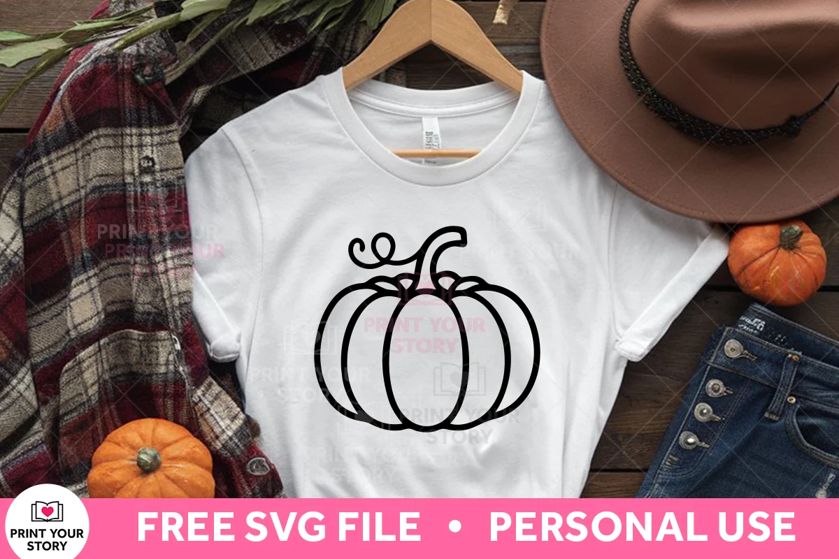 White T-shirt with a black pumpkin SVG design, shown with fall clothing and pumpkins