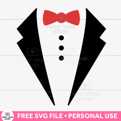 Tuxedo SVG design with black lapels, red bow tie, and buttons