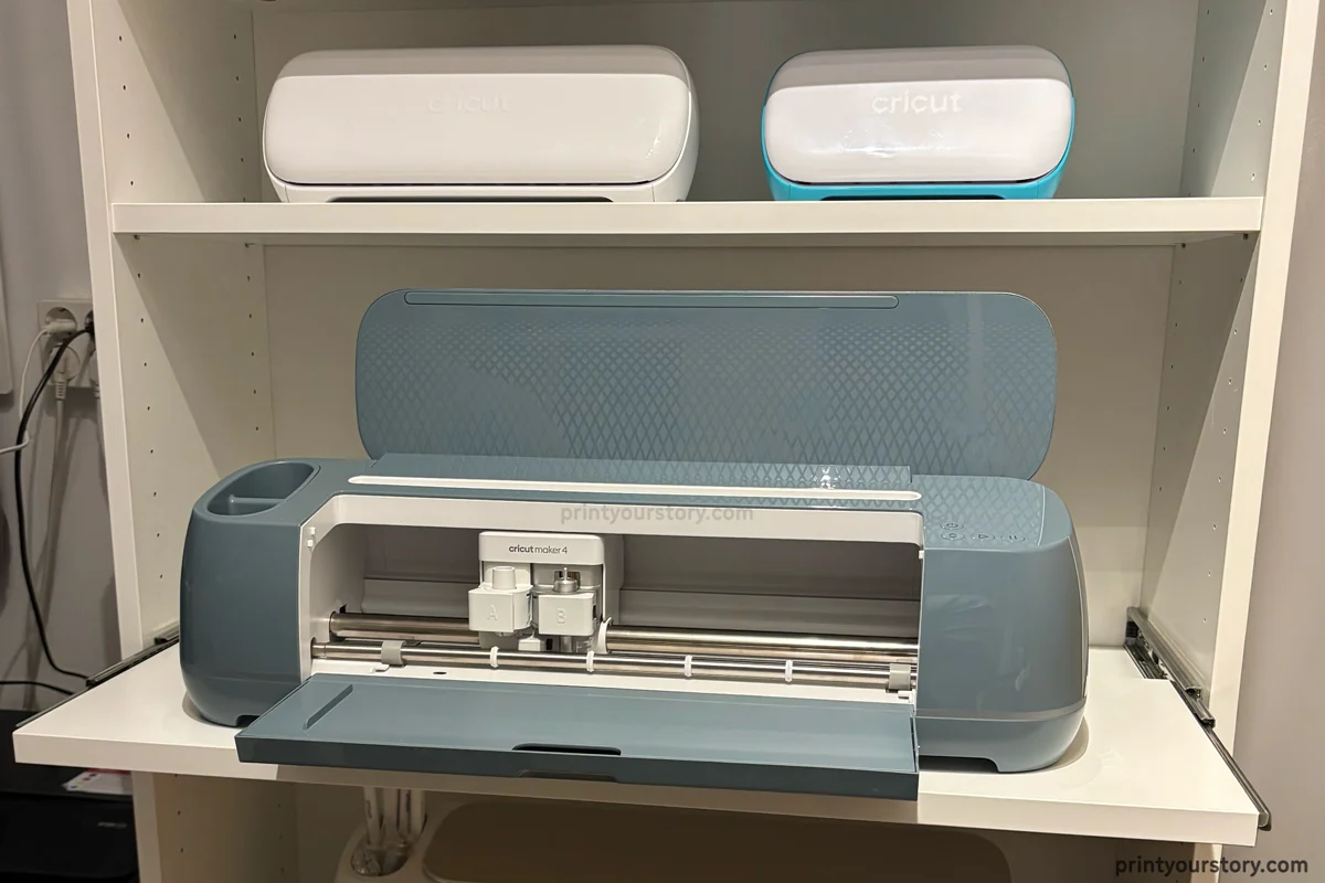 Cricut Maker cutting machine stored on a pull-out shelf with Cricut machines organized above