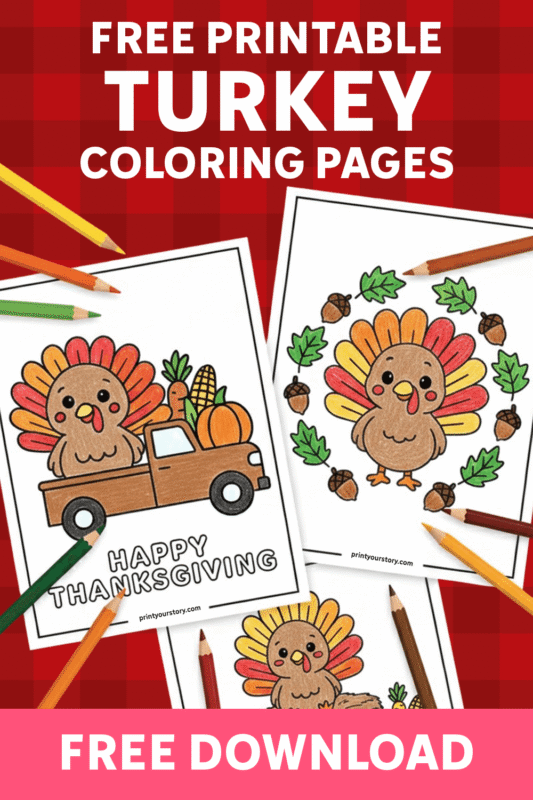 Free Printable Thanksgiving Coloring Page set with colored pencils scattered around.