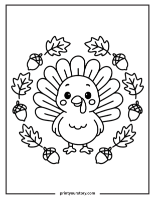 Cute Thanksgiving turkey coloring page featuring a smiling cartoon turkey surrounded by autumn leaves and acorns in a circular pattern.