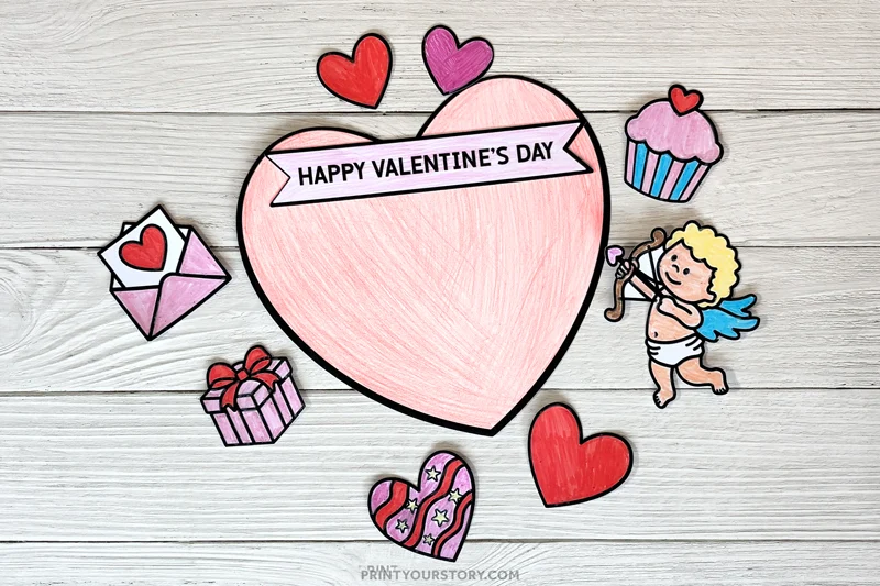 Printable Valentine's cut-and-paste craft with a pink heart card, Cupid, hearts, cupcake, gift, and envelope