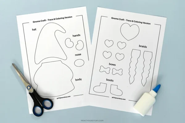 Printable Valentine gnome craft templates with scissors and glue