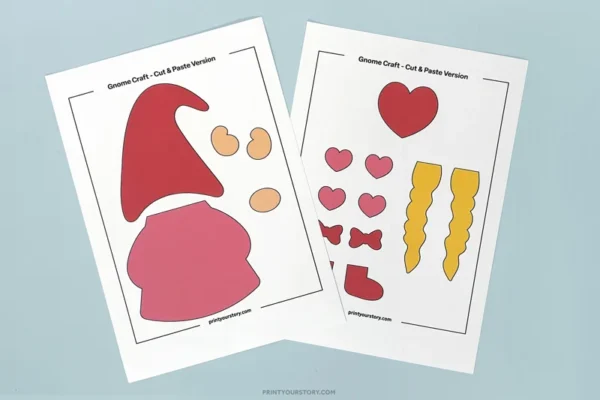 Printable Valentine gnome craft templates with colorful cut-and-paste pieces