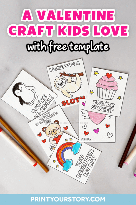 Printable Valentine craft cards with cute coloring designs and free template text