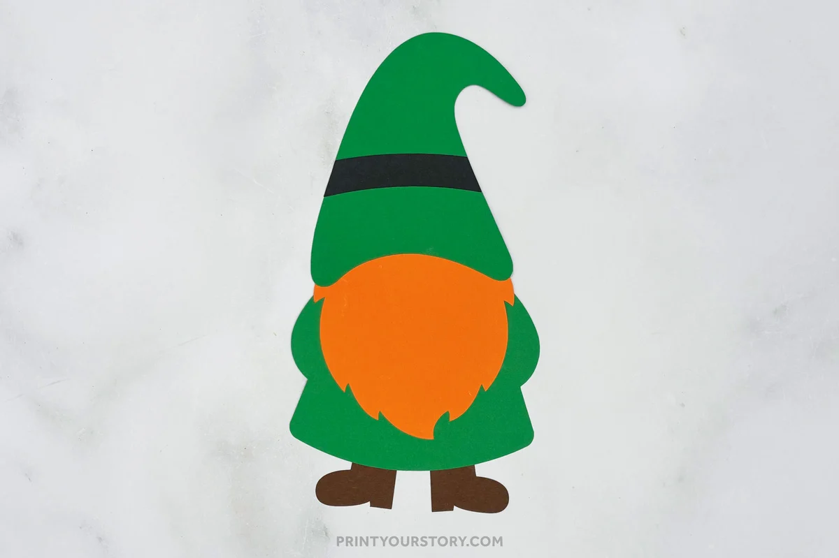 Paper St. Patrick’s Day gnome craft with green hat and orange beard