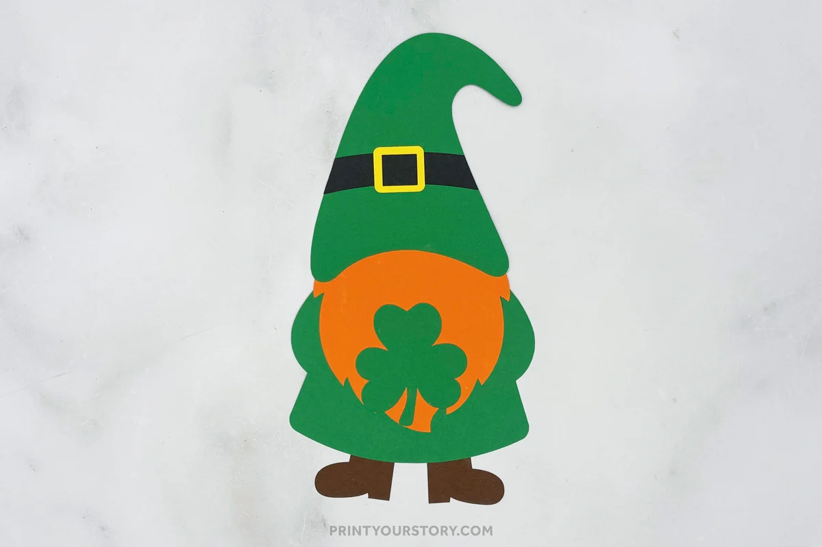 Paper St. Patrick’s Day gnome craft with green hat, shamrock beard, and boots