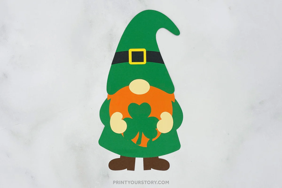 Paper St. Patrick’s Day gnome craft with green hat and shamrock beard