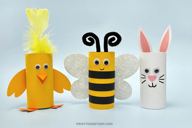 Toilet paper roll crafts of a chick, bee, and bunny with paper details