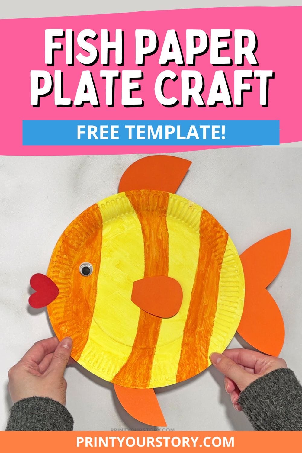 Yellow and orange paper plate fish craft with fins, tail, red lips, and a googly eye. Text: Free template!