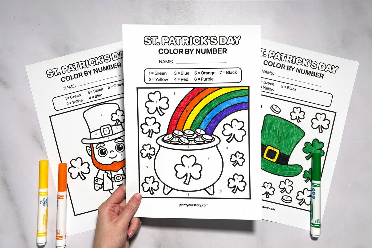 St. Patrick’s Day color by number worksheets with rainbow, pot of gold, shamrocks, leprechaun and hat