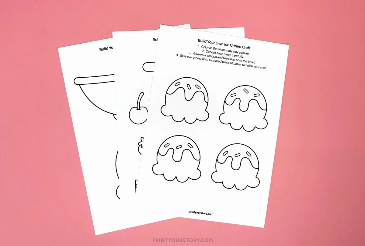 Printable build-your-own ice cream craft worksheets with sundae pieces on a pink background