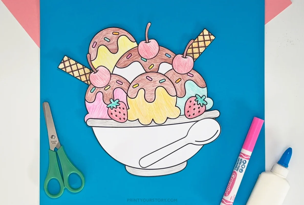 Colored cut-and-paste ice cream sundae craft with scoops, cherries, wafers, scissors, marker, and glue