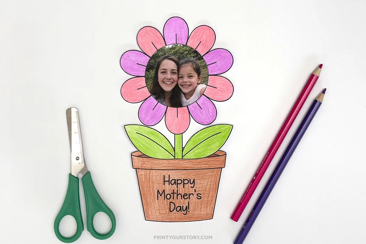 Mother’s Day flower pot craft with a photo center, colored petals, scissors, and colored pencils