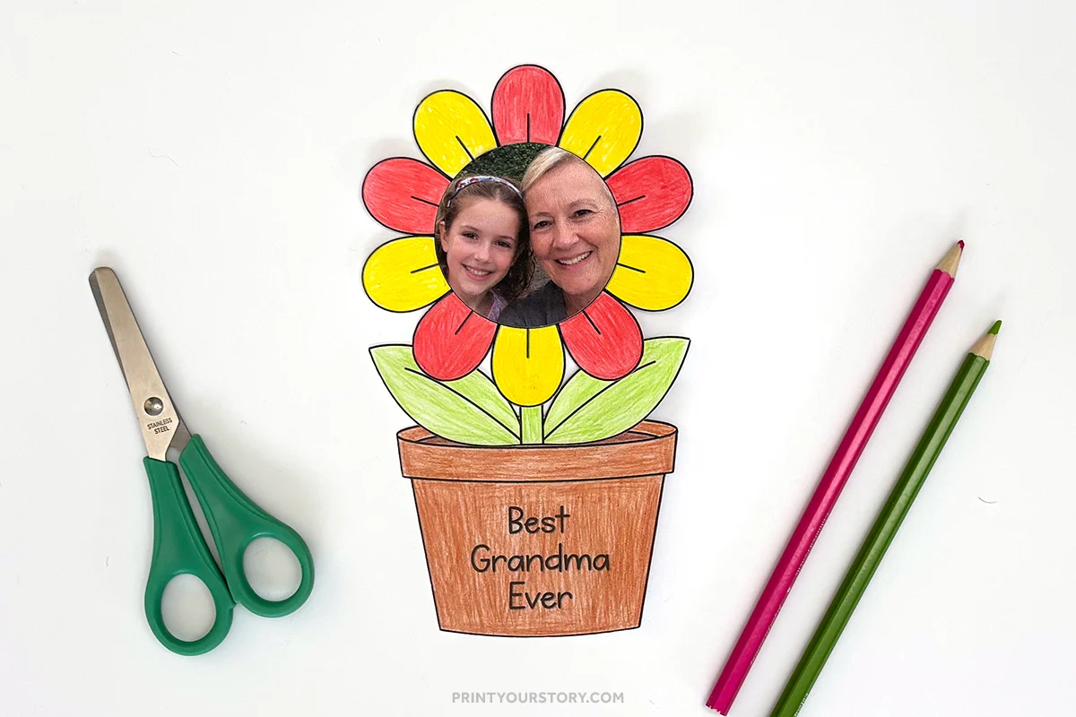 Best Grandma Ever flower pot craft with a photo center, colored petals, scissors, and pencils