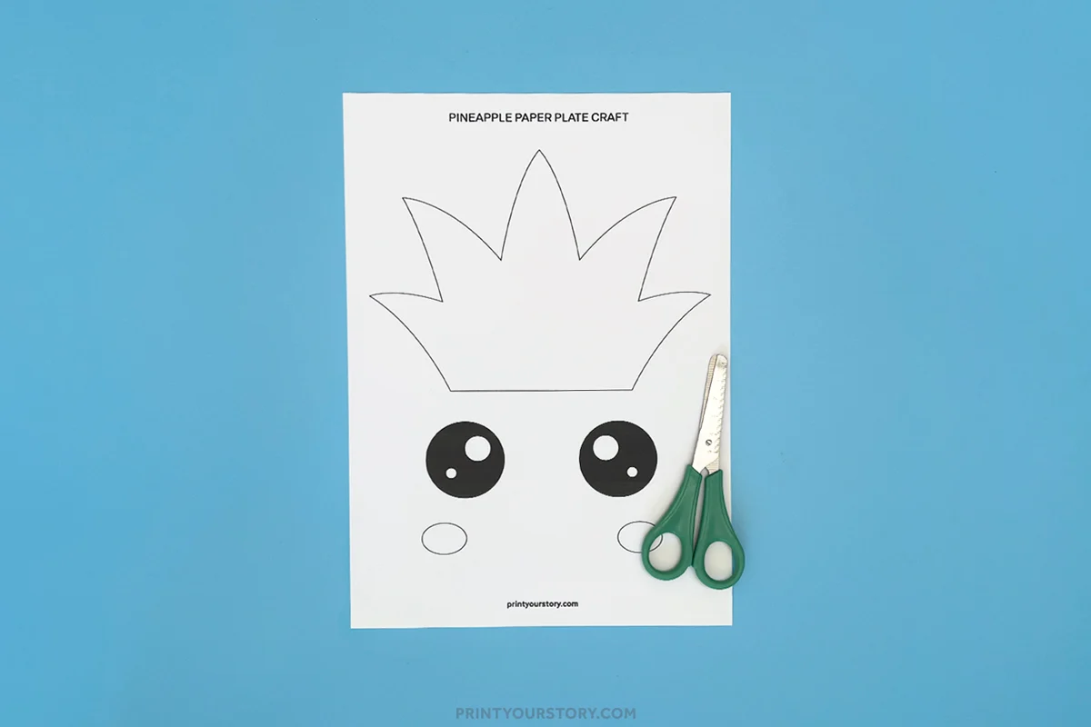 Printable pineapple craft template for kids featuring pineapple leaf, eye, and cheek pieces ready to cut out, with scissors beside the worksheet.