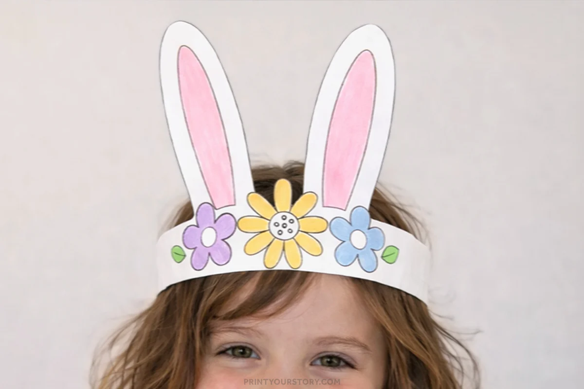 Child wearing a printable bunny headband with paper ears and colorful flowers