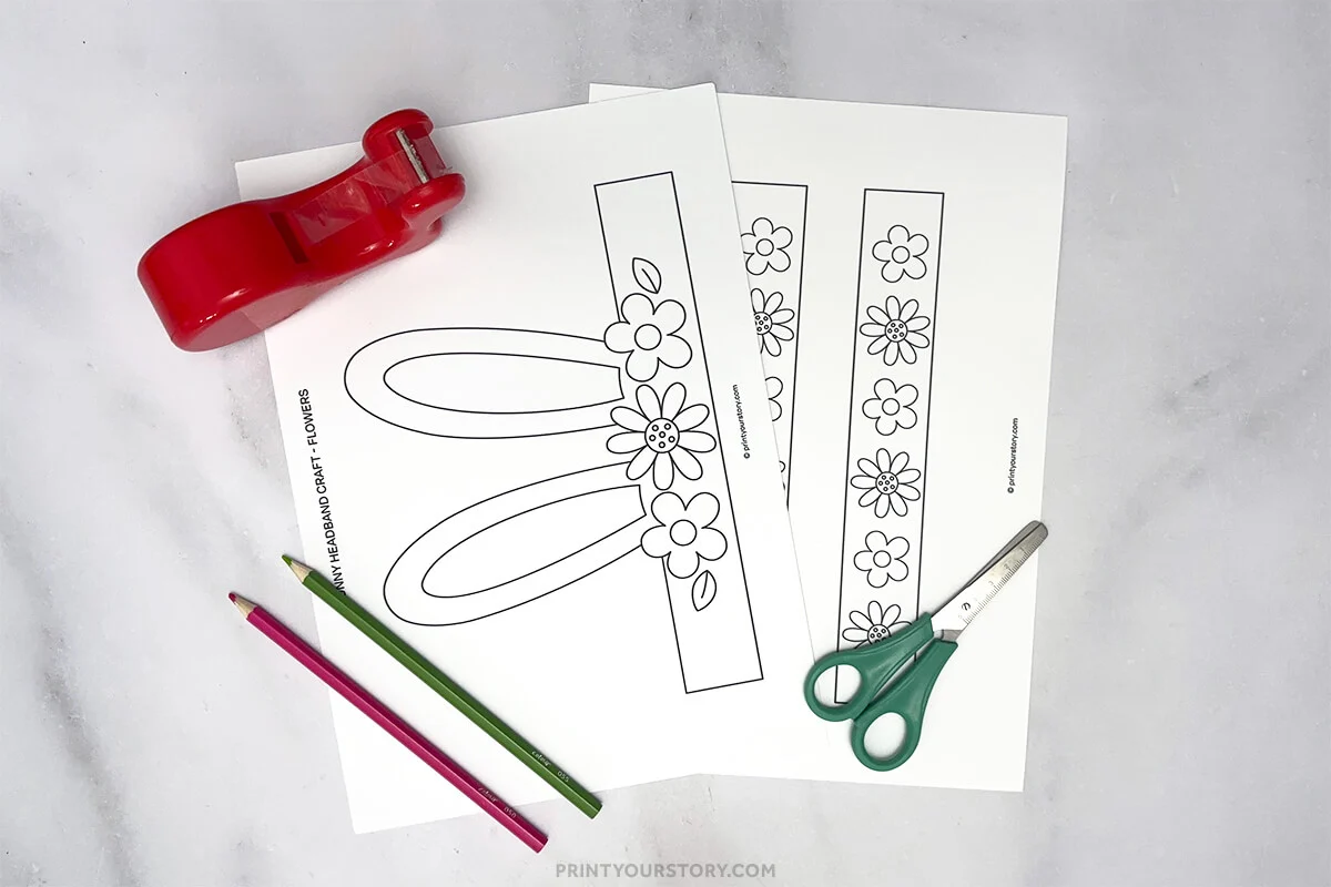 Printable bunny headband craft templates with tape, colored pencils, and scissors