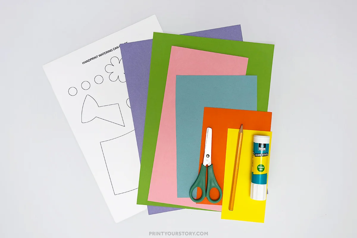 Handprint watering can craft materials with printable template, colored paper, scissors, pencil, and glue stick