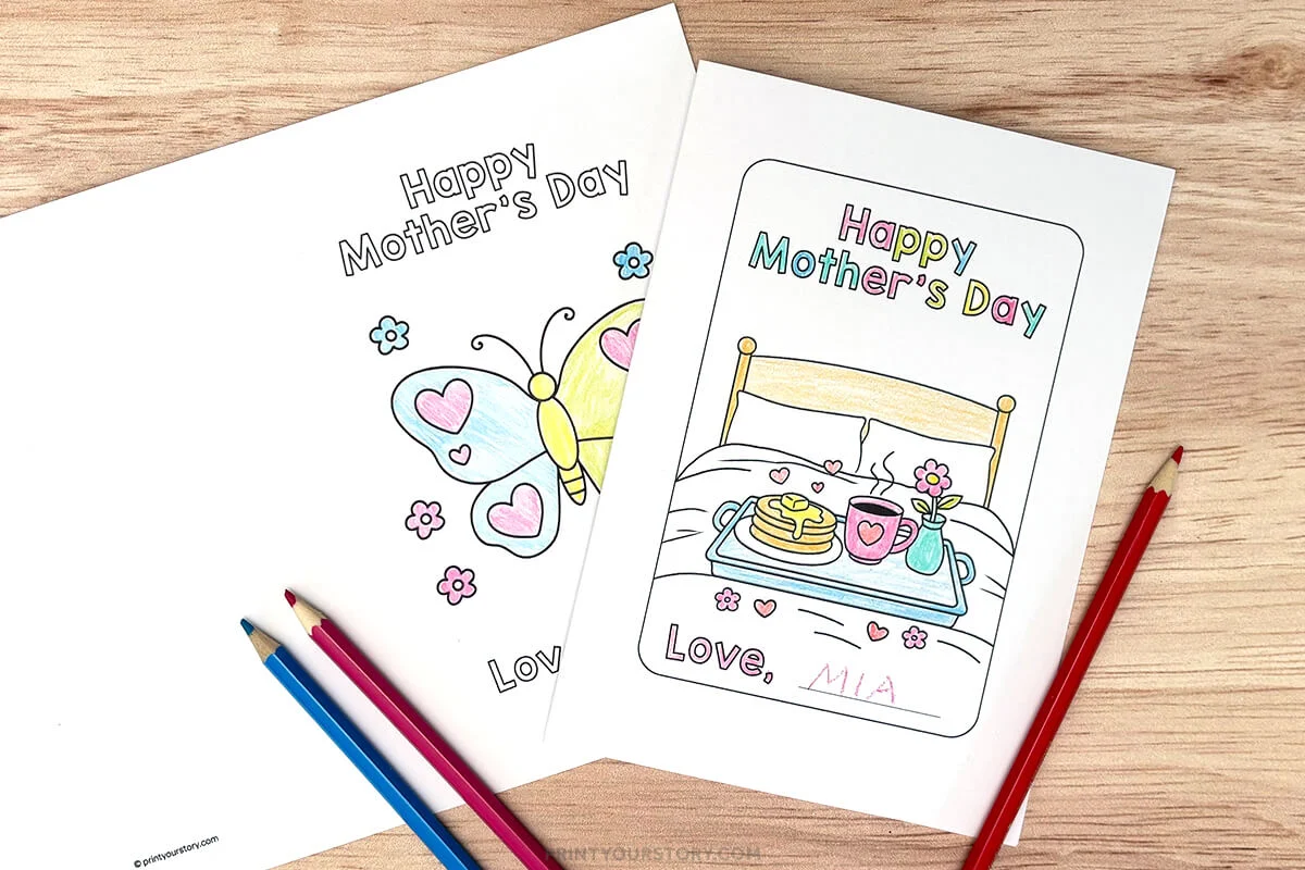 Printable Mother’s Day cards to color with butterflies, breakfast tray, and colored pencils