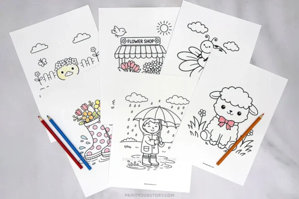Printable spring coloring pages with flowers, a lamb, rain boots, umbrella, and flower shop on paper with colored pencils