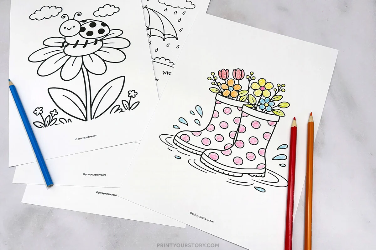 Spring coloring pages with rain boots full of flowers, ladybug on daisy, and colored pencils