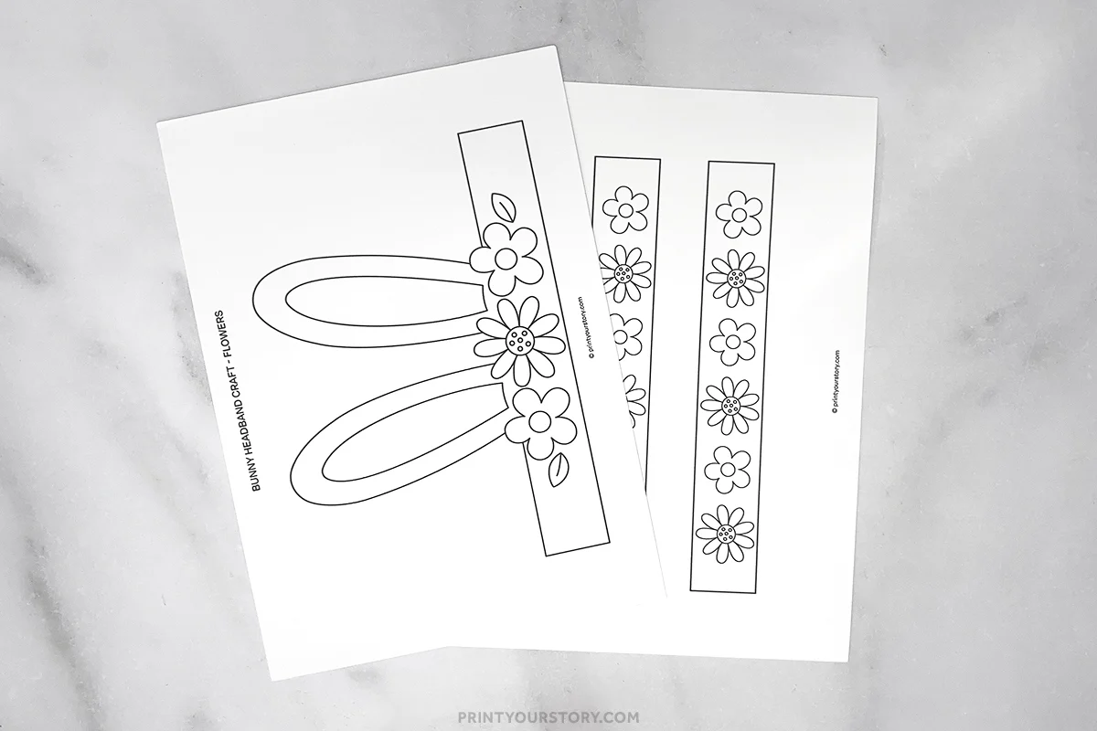 Printable bunny headband craft templates with bunny ears and flower strips