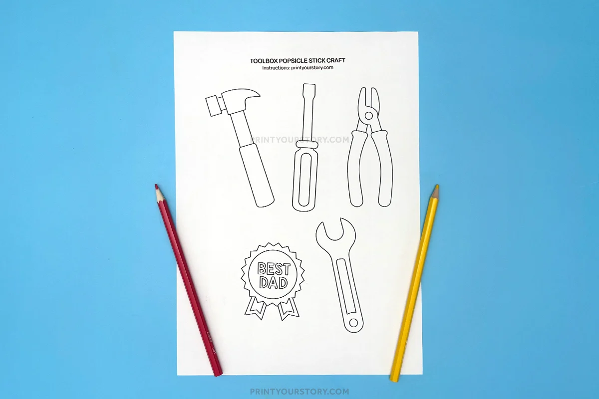 Printable toolbox popsicle stick craft template with tool outlines and Best Dad badge