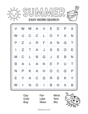 Summer easy word search worksheet with a letter grid and word list, decorated with sun, bucket, and ladybug icons