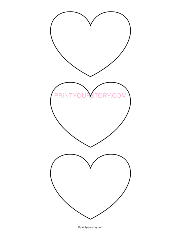 Printable with three outline heart templates on a white page
