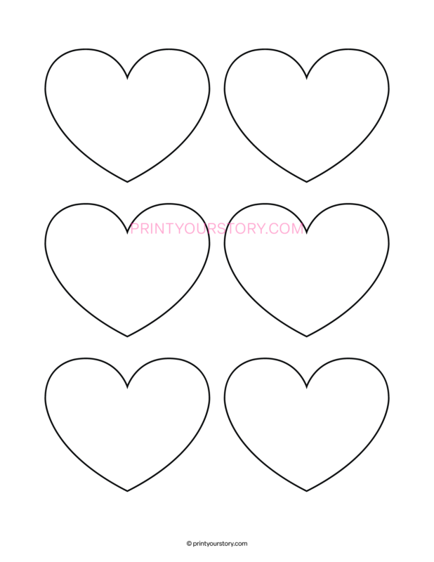 Printable with six outline heart templates on a white page