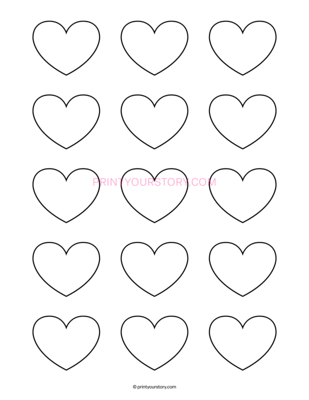 Printable with nine outline heart templates on a white page