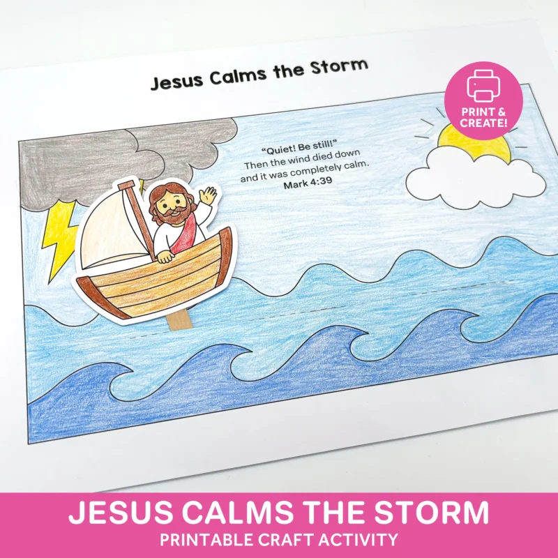 Jesus Calms the Storm printable craft with Jesus in a boat on moving waves, storm clouds, lightning, and sun