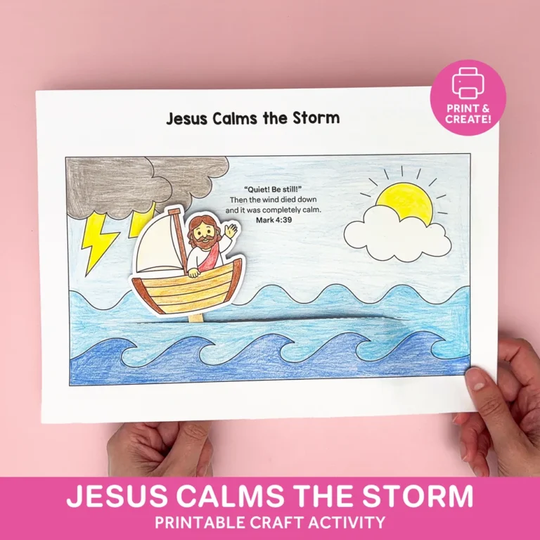 Jesus Calms the Storm printable craft worksheet with Jesus in a boat, waves, lightning, sun, and Mark 4:39 verse