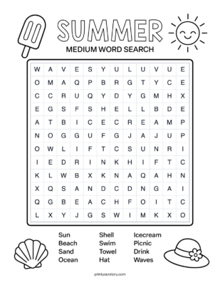 Summer word search worksheet with a letter grid and word list for kids