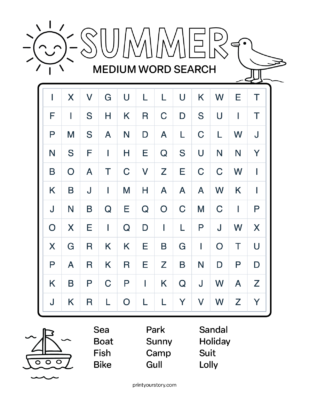 Summer word search worksheet with a letter grid and word list for kids
