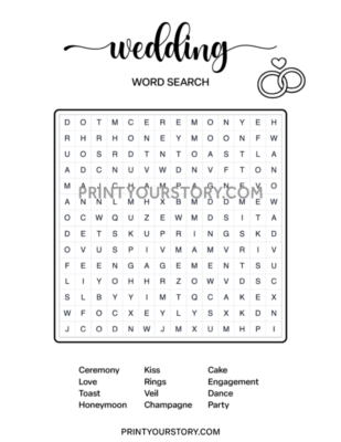 Printable wedding word search puzzle with rings icon and word list including ceremony, love, toast, honeymoon, kiss, rings, veil, champagne, cake, engagement, dance, and party