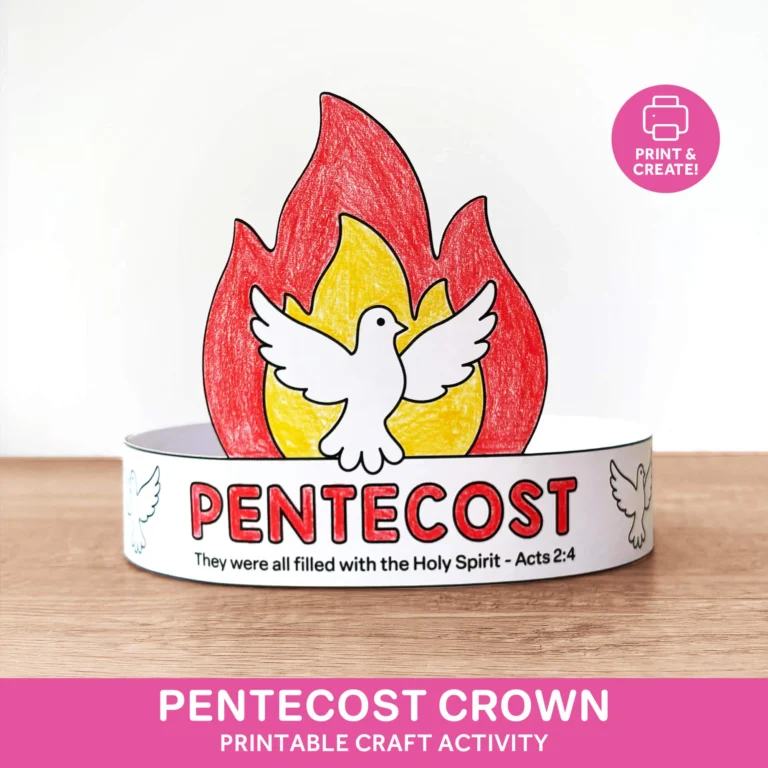 Printable Pentecost paper crown craft with red and yellow flames and a white dove on the front