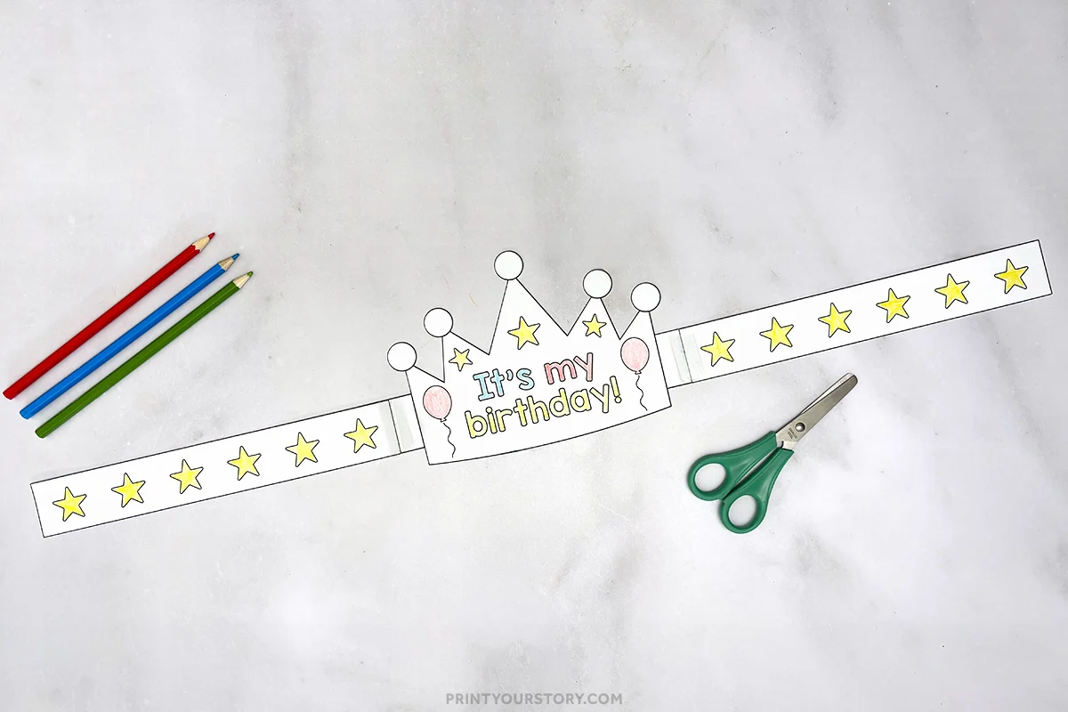 Colored printable birthday crown headband with star bands, colored pencils, and scissors