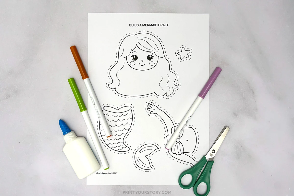 Build a mermaid craft printable with cutout pieces, markers, glue, and scissors