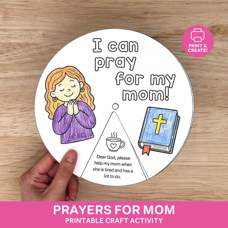 Printable Mother’s Day prayer spinner wheel craft with praying girl, Bible, and “I can pray for my mom” text